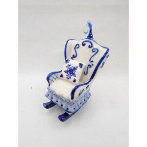 Christmas Ornament Rocking Chair blue white Floral ceramic vintage